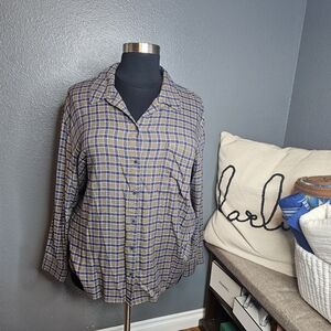 Treasure and bond green and blue plaid button front blouse size 2X
